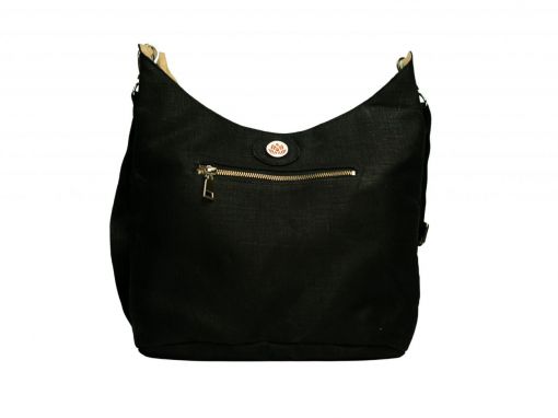Front view of vegan leather hobo bag in anthracite black with protea medallion