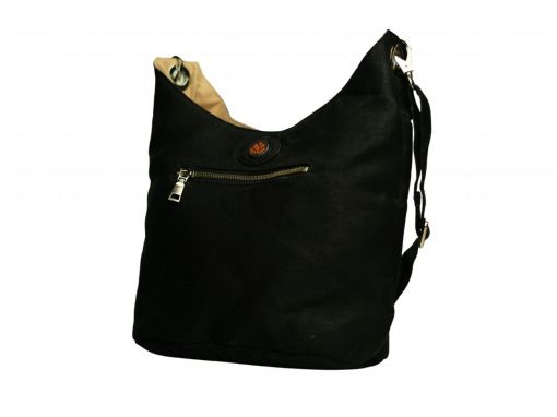 Front side view of vegan leather hobo bag in anthracite black with protea medallion