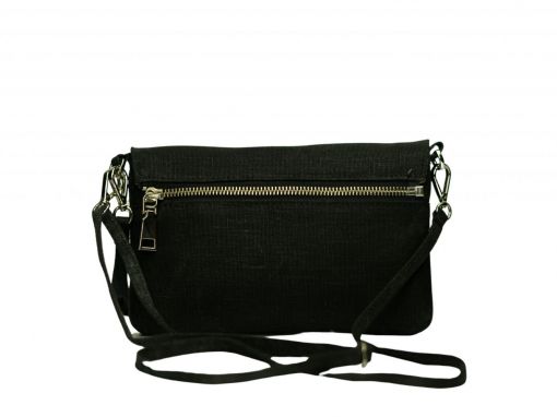 Back view of waxed hemp canvas crossbody clutch bag in anthracite black