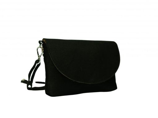 Side view of waxed hemp canvas crossbody clutch bag in anthracite black