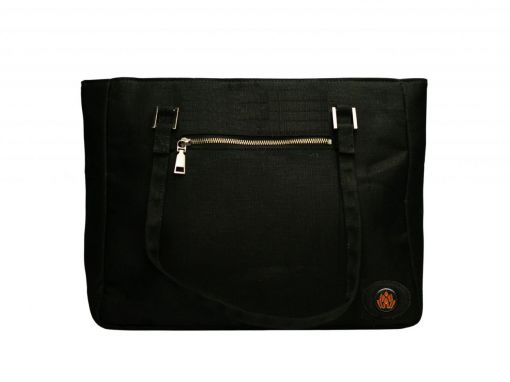 Front view of anthracite black waxed hemp canvas tote bag with protea medallion