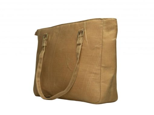 Back side view of vegan leather plain tote bage in hazelnt tan