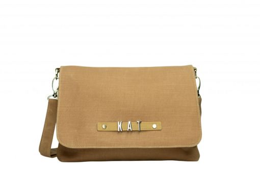 front view of personalised crossbody messenger in hazelnut