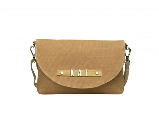 Front view of waxed hemp canvas crossbody clutch bag with personalised name in hazelnut tanssenger bag in anthracite black