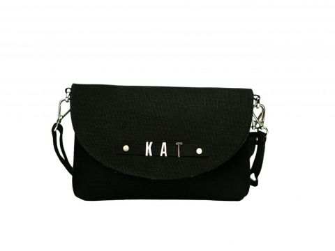 Front view of crossbody clutch bag wth personalised name in anthracite black
