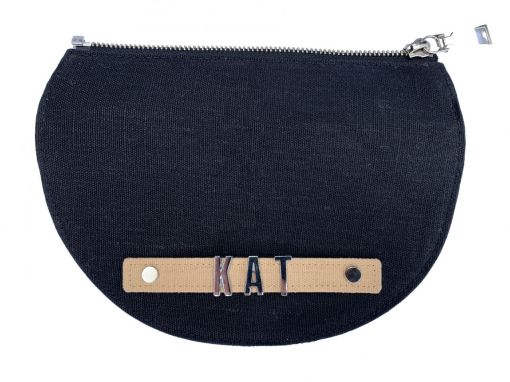 Anthracite black convertible clutch foldover flap with personalised name and hazelnut tan attachment band